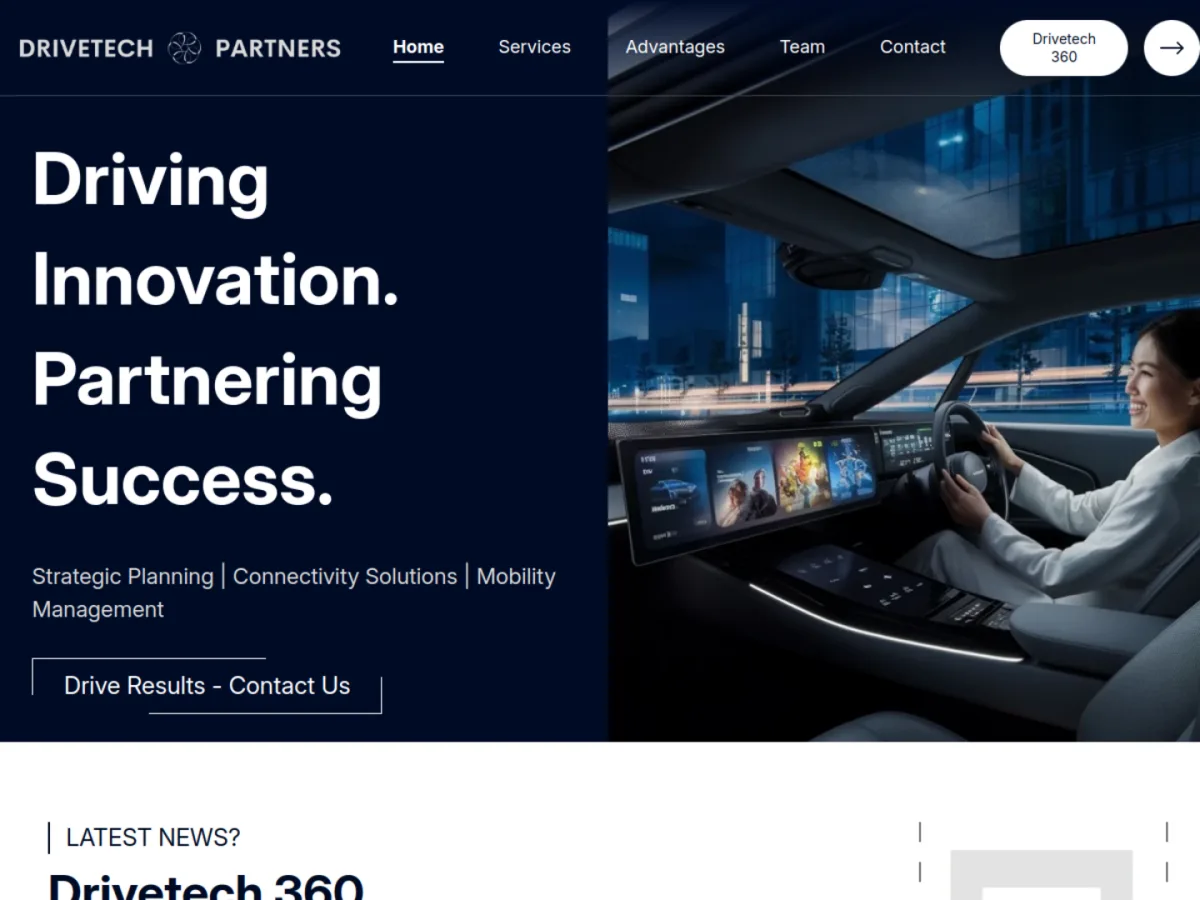 DriveTech Partners homepage with navigation and automotive mobility hero
