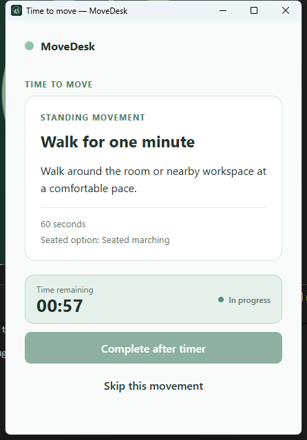 MoveDesk movement reminder with the exercise timer in progress