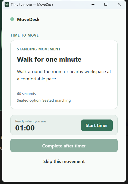 MoveDesk movement reminder with a standing movement and start timer button