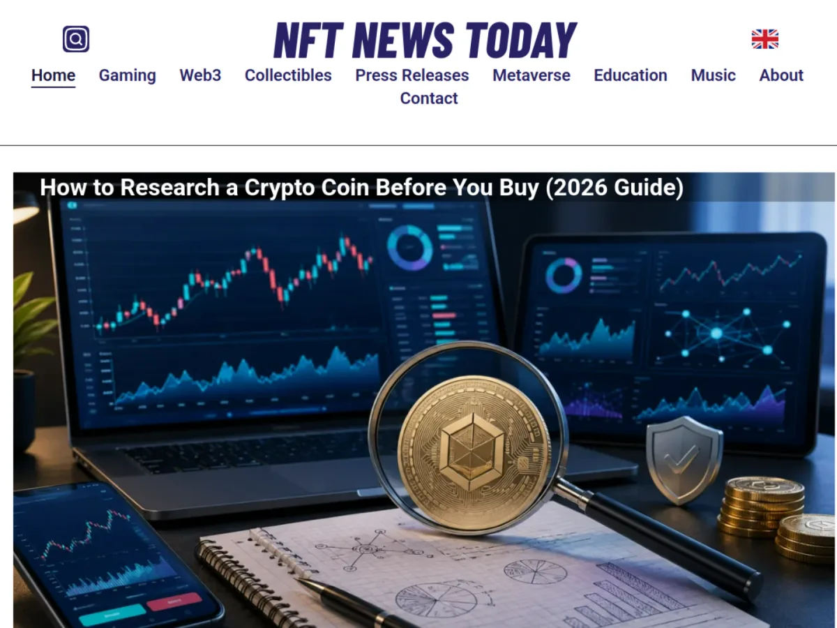 NFT News Today homepage with site navigation and a featured article
