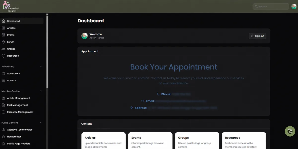 Unleashed Futures member dashboard with navigation and content-management cards